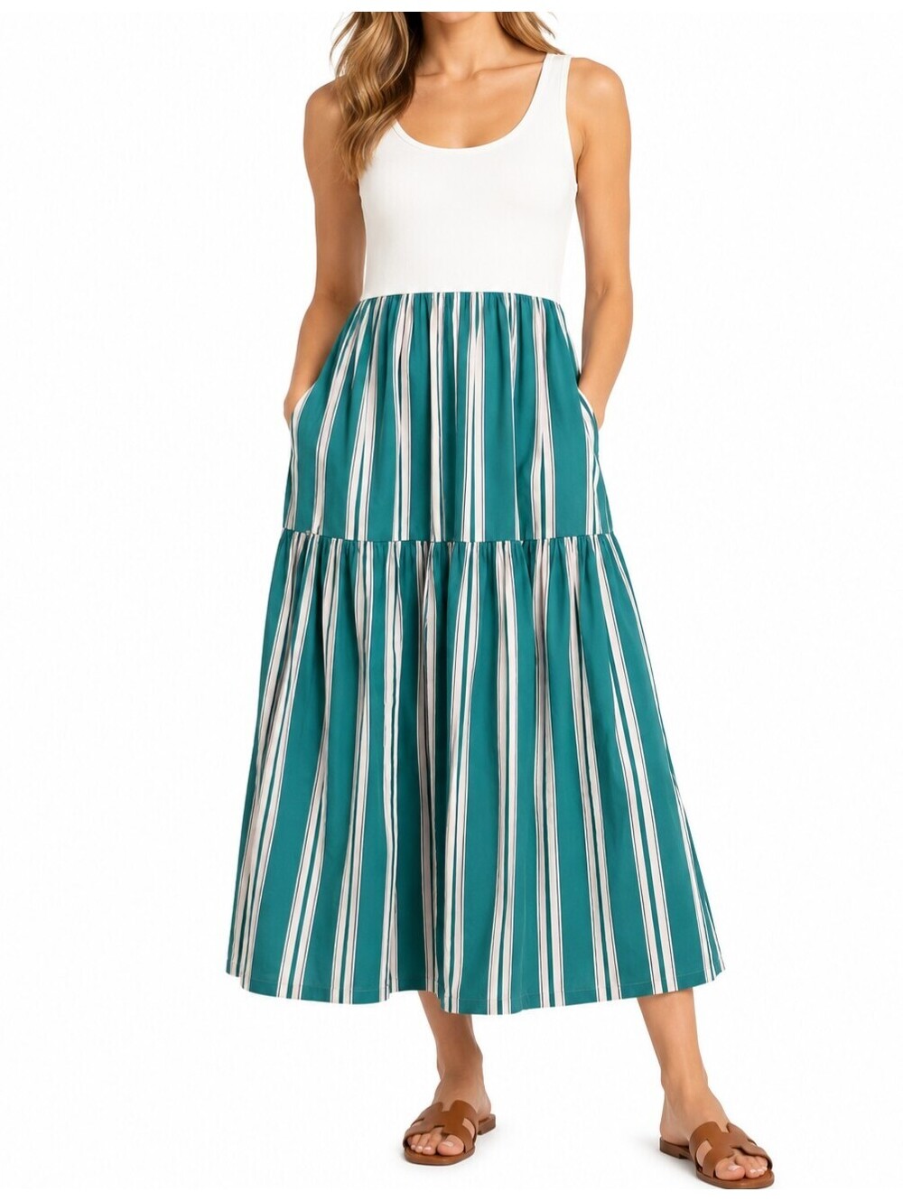 J.Crew Tiered Mixed-Media Midi Dress XXS Gallery Green White Striped NWT
